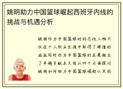姚明助力中国篮球崛起西班牙内线的挑战与机遇分析